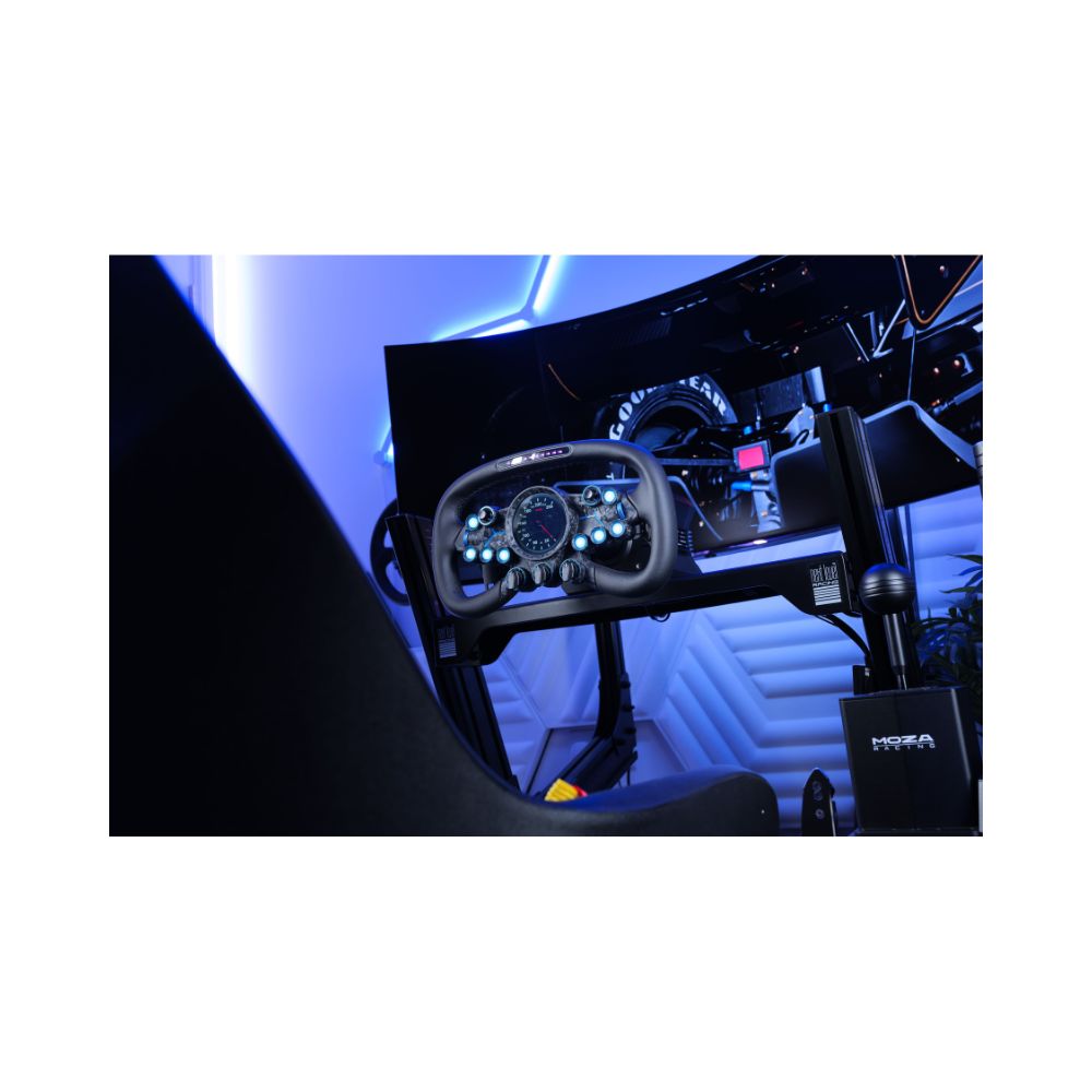MOZA vision GS wheel on an R12 wheelbase and bolted to a next level racing cockpit zoomed out