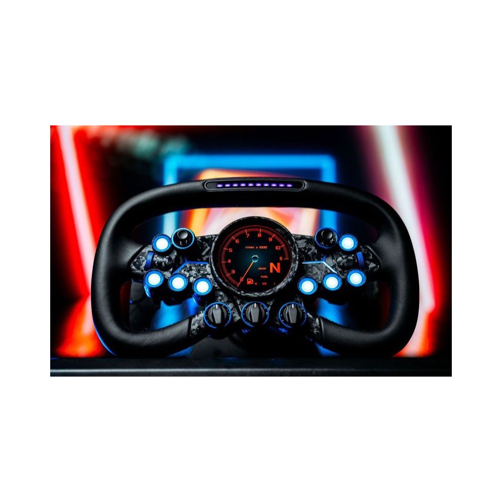MOZA Vision GS wheel front view with RGBs lit up and RPM on centre dash