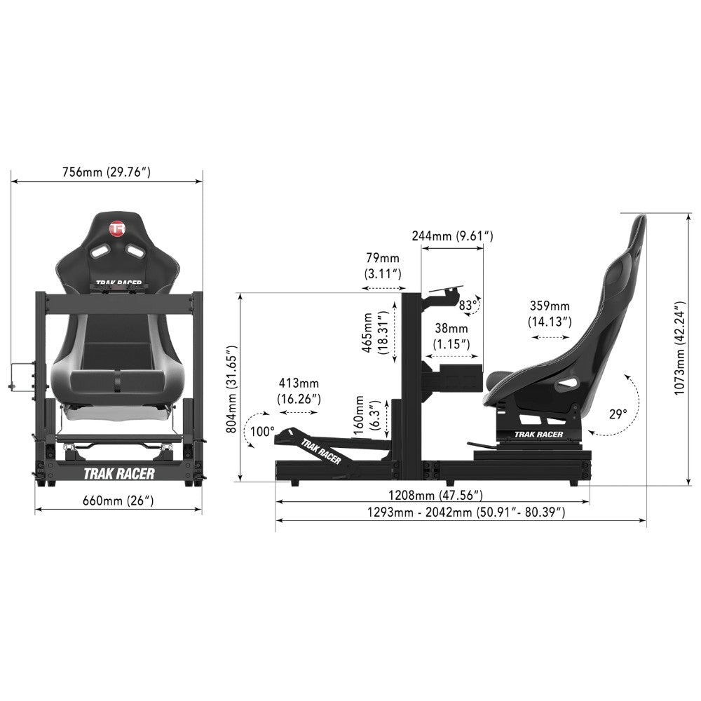 Trak Racer TR80S racing simulator cockpit - dimensions