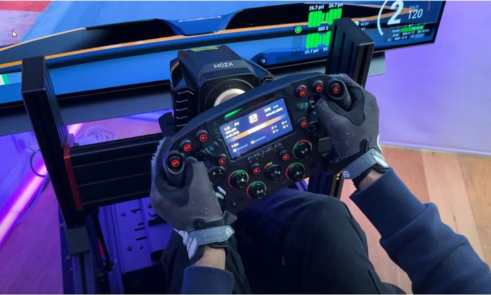 MOZA Racing wheelbase with steering wheel on a racing simulator cockpit