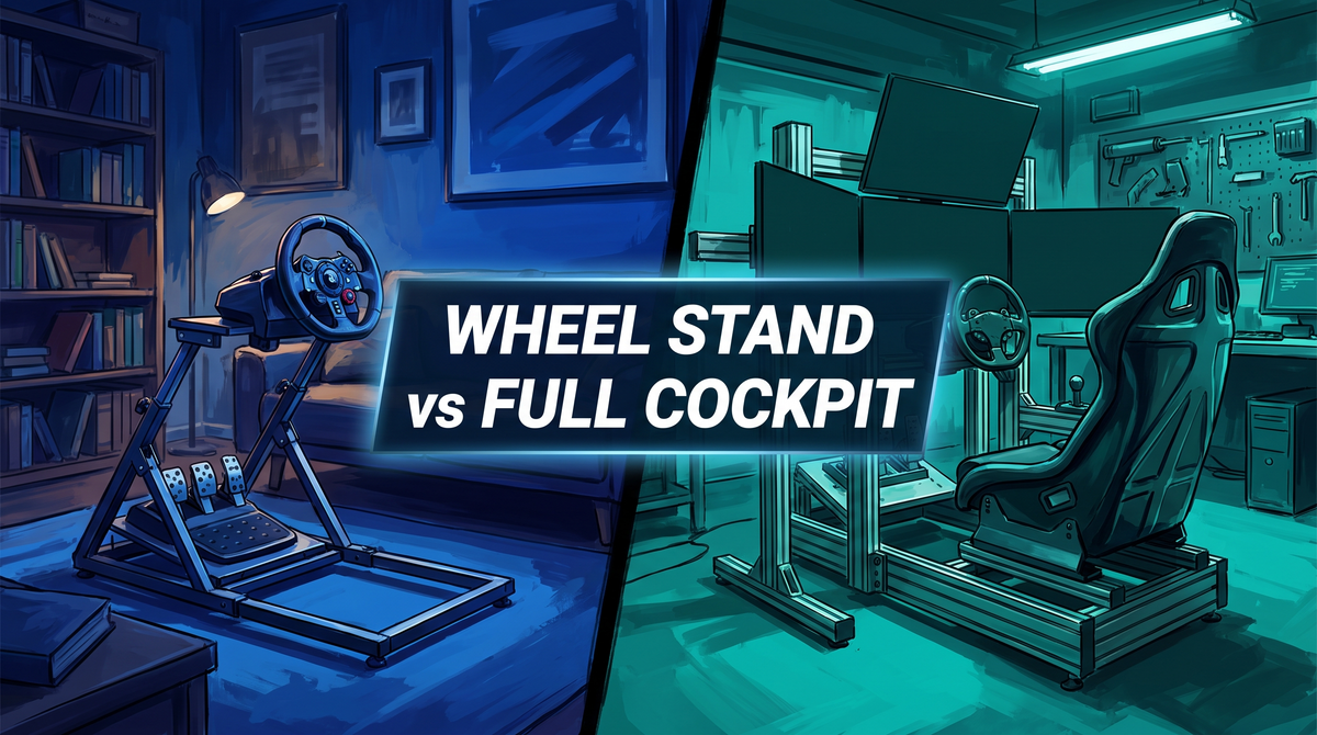 Sim racing wheel stand vs full cockpit comparison hero - what's right for your space Australia 2026