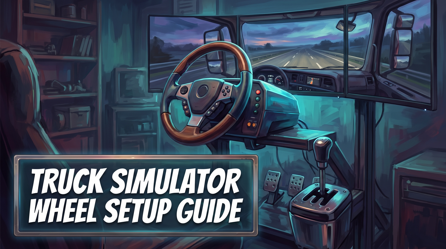 American truck simulator wheel setup guide hero - large flat-top truck wheel and gear shifter 2026