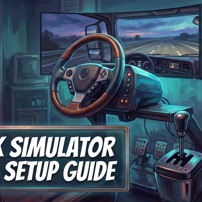 American truck simulator wheel setup guide hero - large flat-top truck wheel and gear shifter 2026