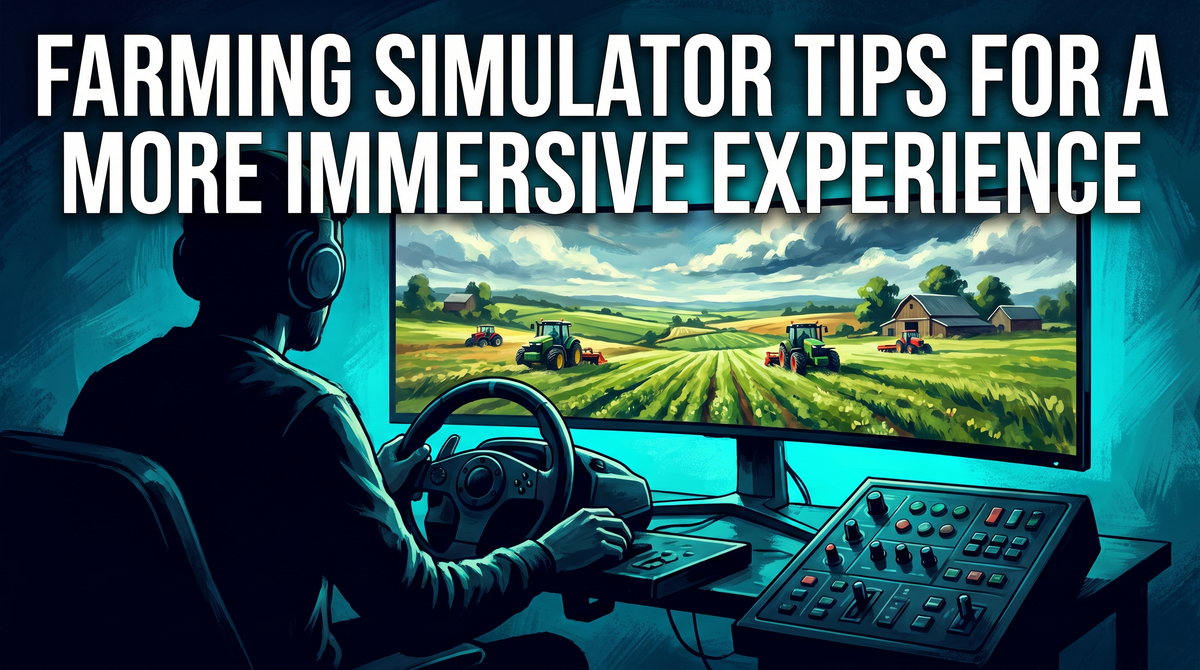 Farming simulator tips for a more immersive experience - sim cockpit setup with steering wheel and farm landscape on screen Australia
