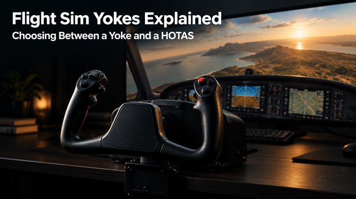Flight sim yoke and cockpit setup with headline text overlay