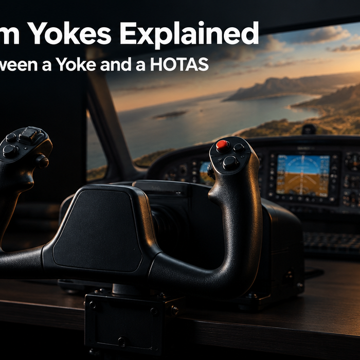 Flight sim yoke and cockpit setup with headline text overlay