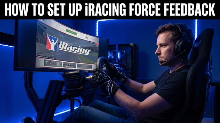 Sim racer at iRacing cockpit with direct drive steering wheel setup