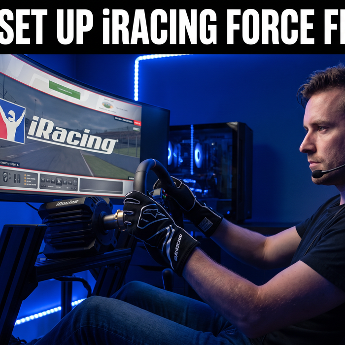 Sim racer at iRacing cockpit with direct drive steering wheel setup
