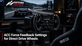 Sim racing cockpit with direct drive wheelbase, headline text: ACC Force Feedback Settings for Direct Drive Wheels