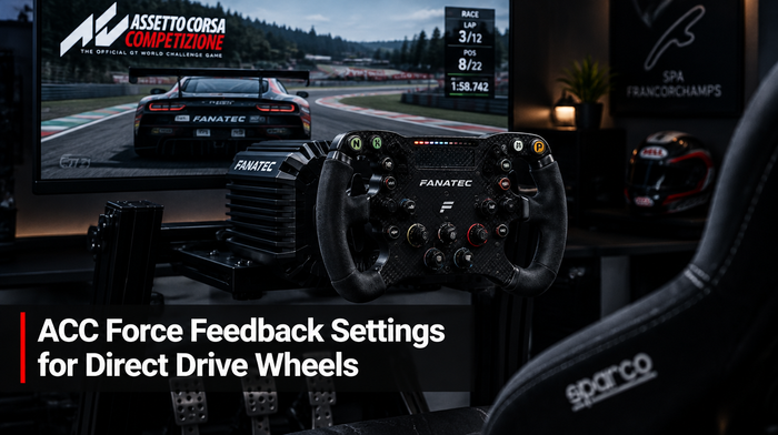 Sim racing cockpit with direct drive wheelbase, headline text: ACC Force Feedback Settings for Direct Drive Wheels
