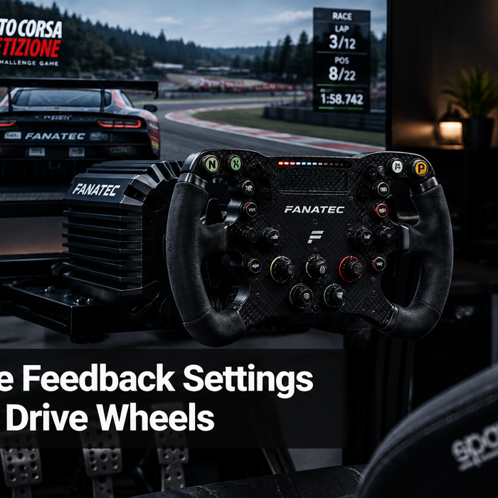 Sim racing cockpit with direct drive wheelbase, headline text: ACC Force Feedback Settings for Direct Drive Wheels