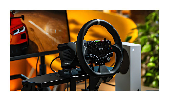 MOZA Racing R3 bundle with Xbox and a computer monitor in the background.