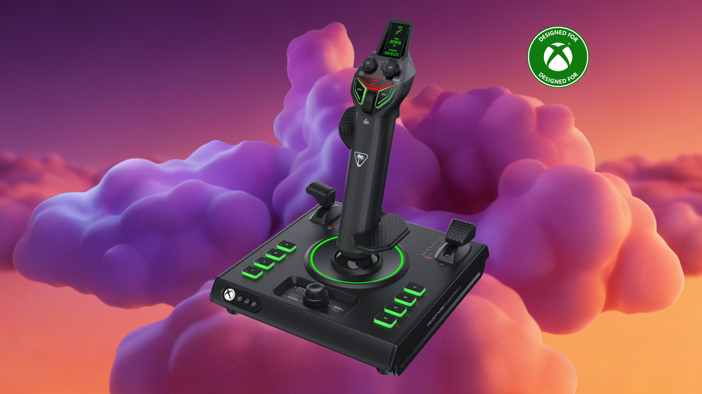 VelocityOne Flightstick II Xbox lit with RGB on a desk