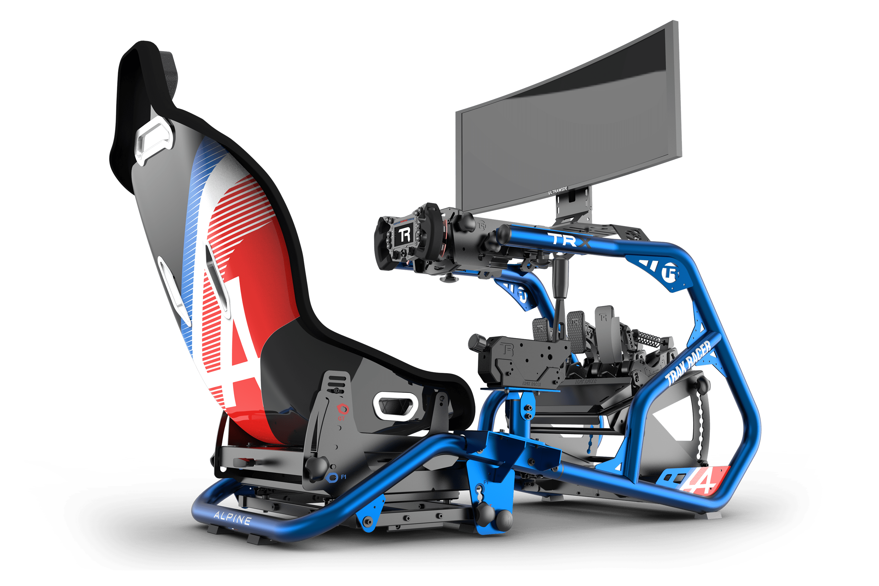 Trak Racer Universal Gear Shifter Mount for Alpine TRX (Blue), fitted to a Trak Racer cockpit 2