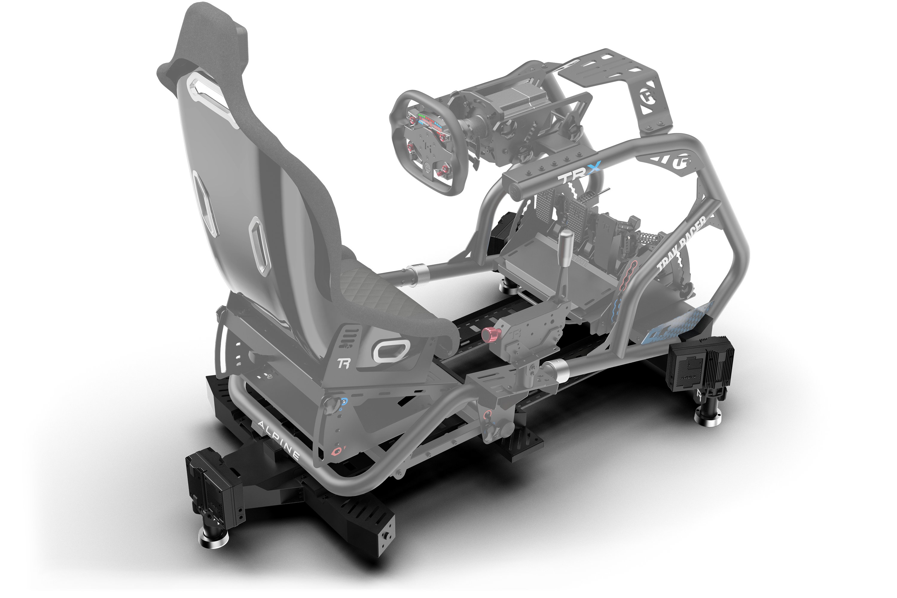 Trak Racer Motion System with 3 Actuators & Sim Base, shown with a D-BOX wheelbase 2