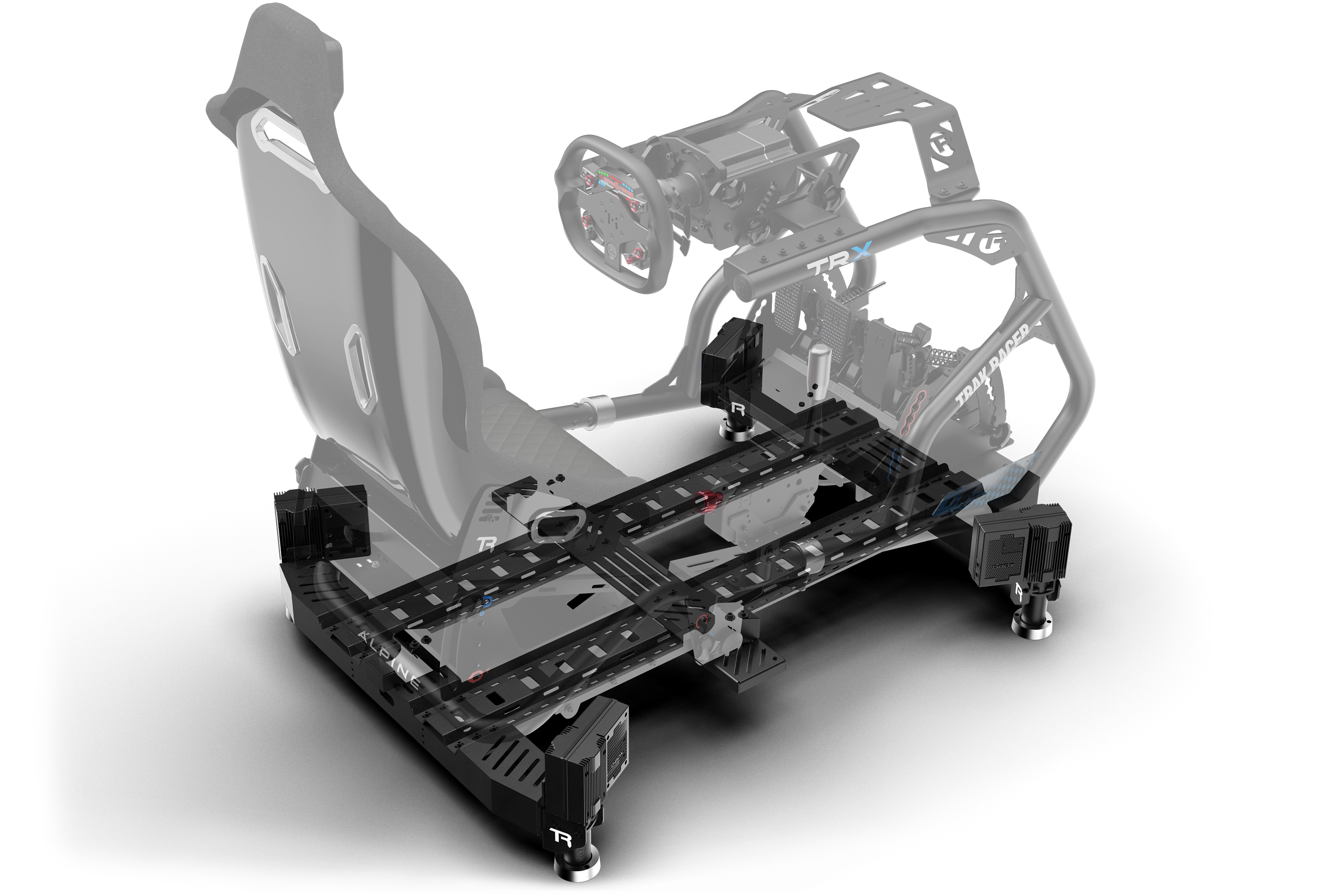 Trak Racer Motion System with 4 Actuators & Sim Base, shown with a D-BOX wheelbase 4