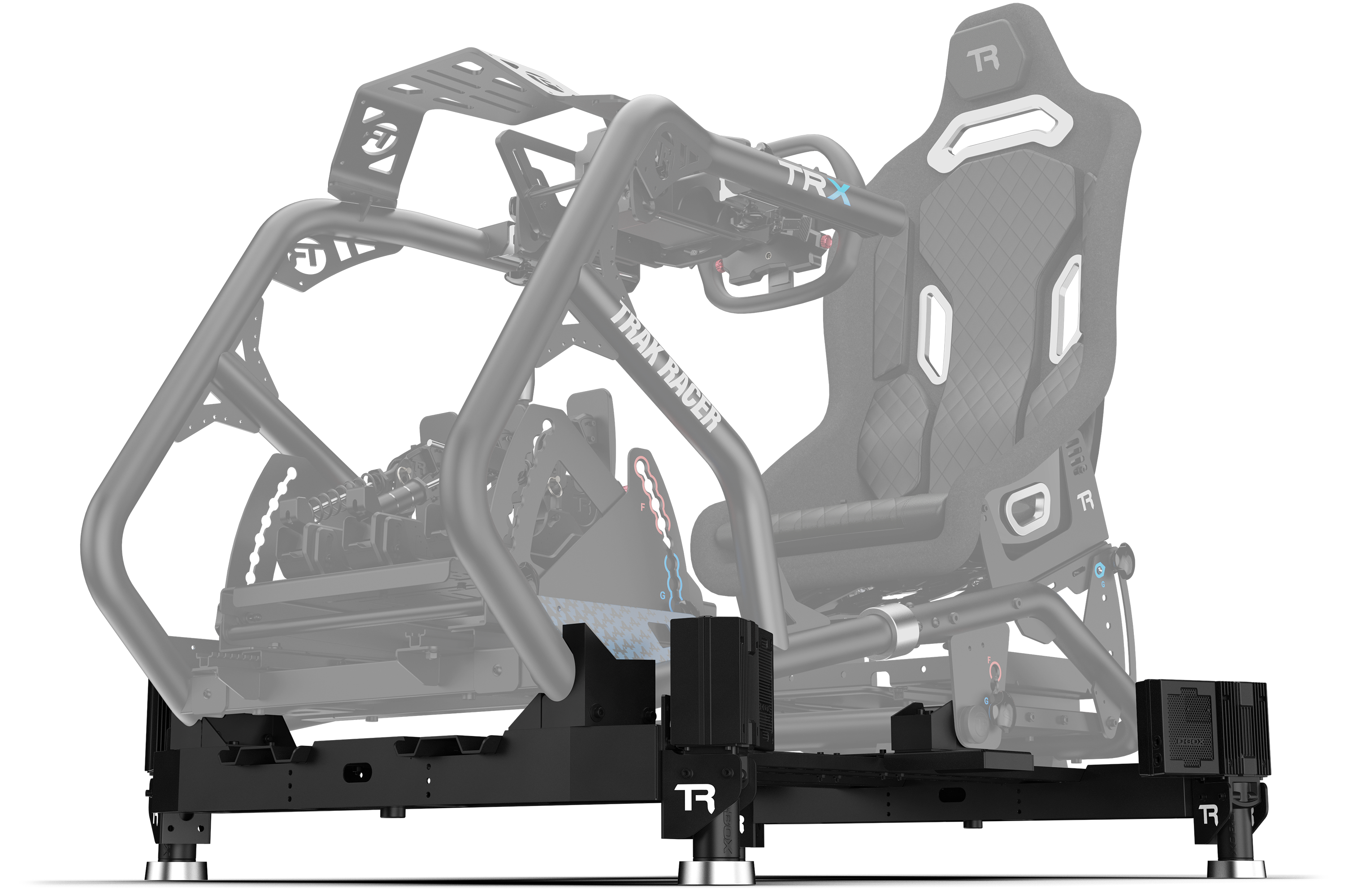 Trak Racer Motion System with 4 Actuators & Sim Base, shown with a D-BOX wheelbase
