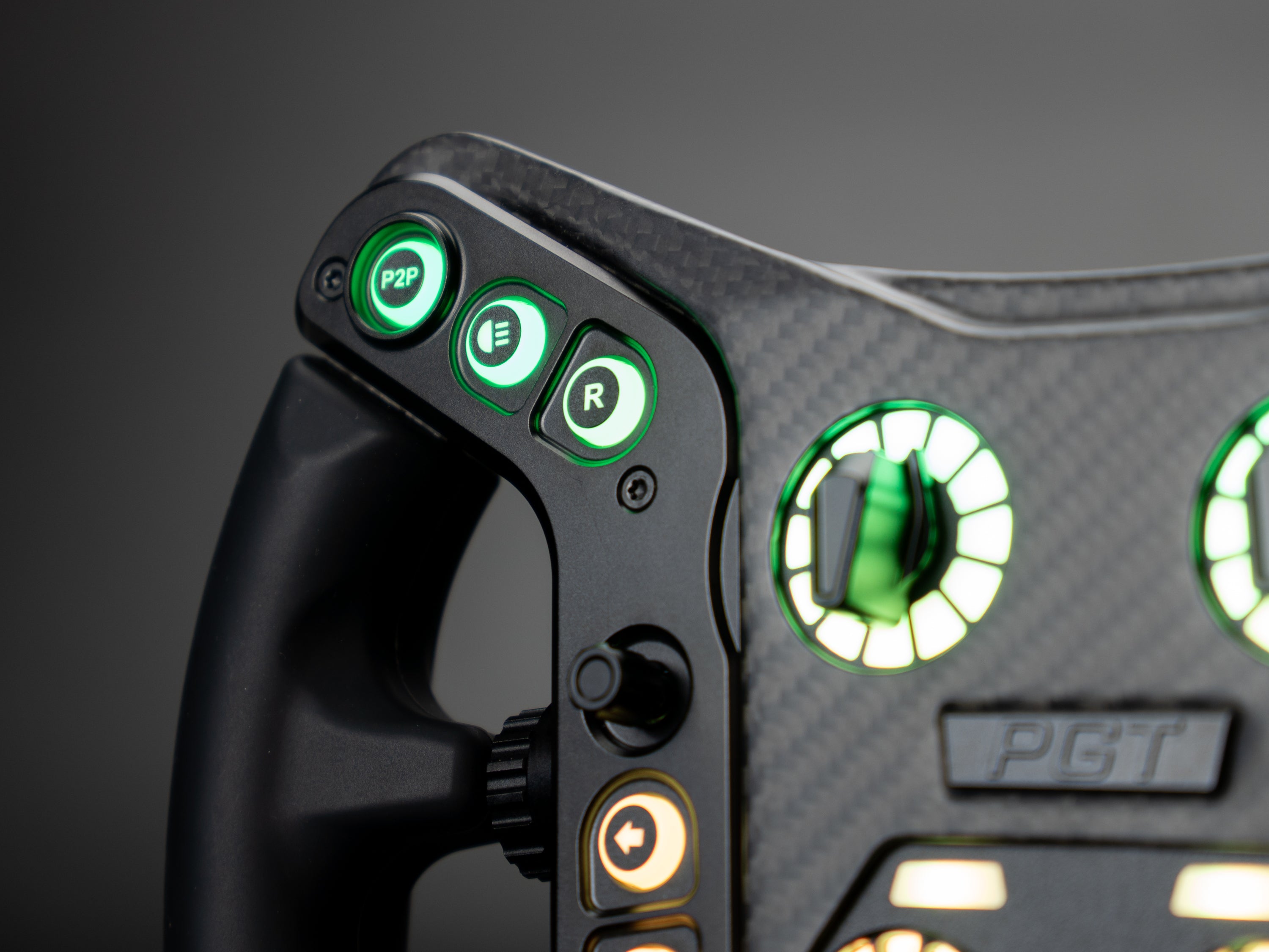 PGT Vector top buttons and green backlit encoder, close-up
