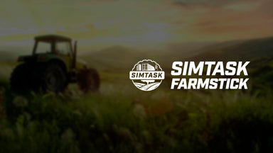 SimTask FarmStick logo over a farm field