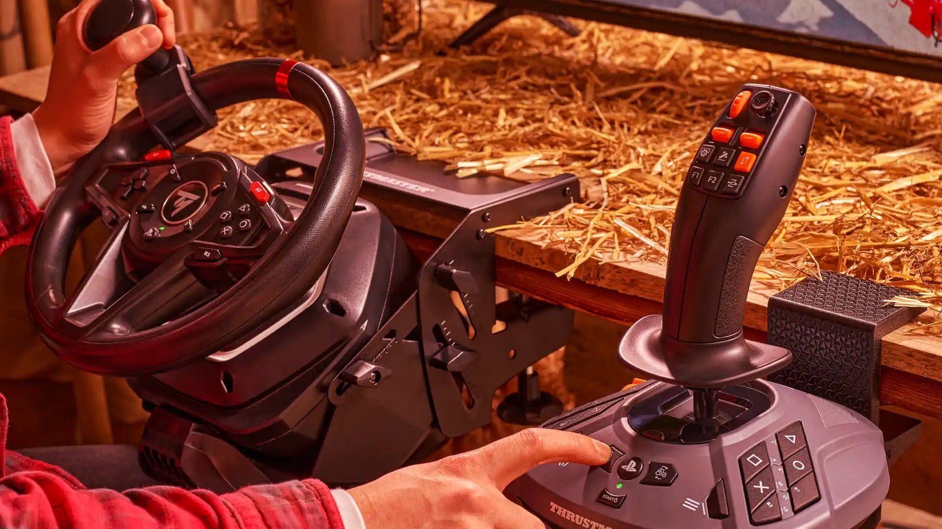 SimTask FarmStick with a wheel in a tractor-style setup