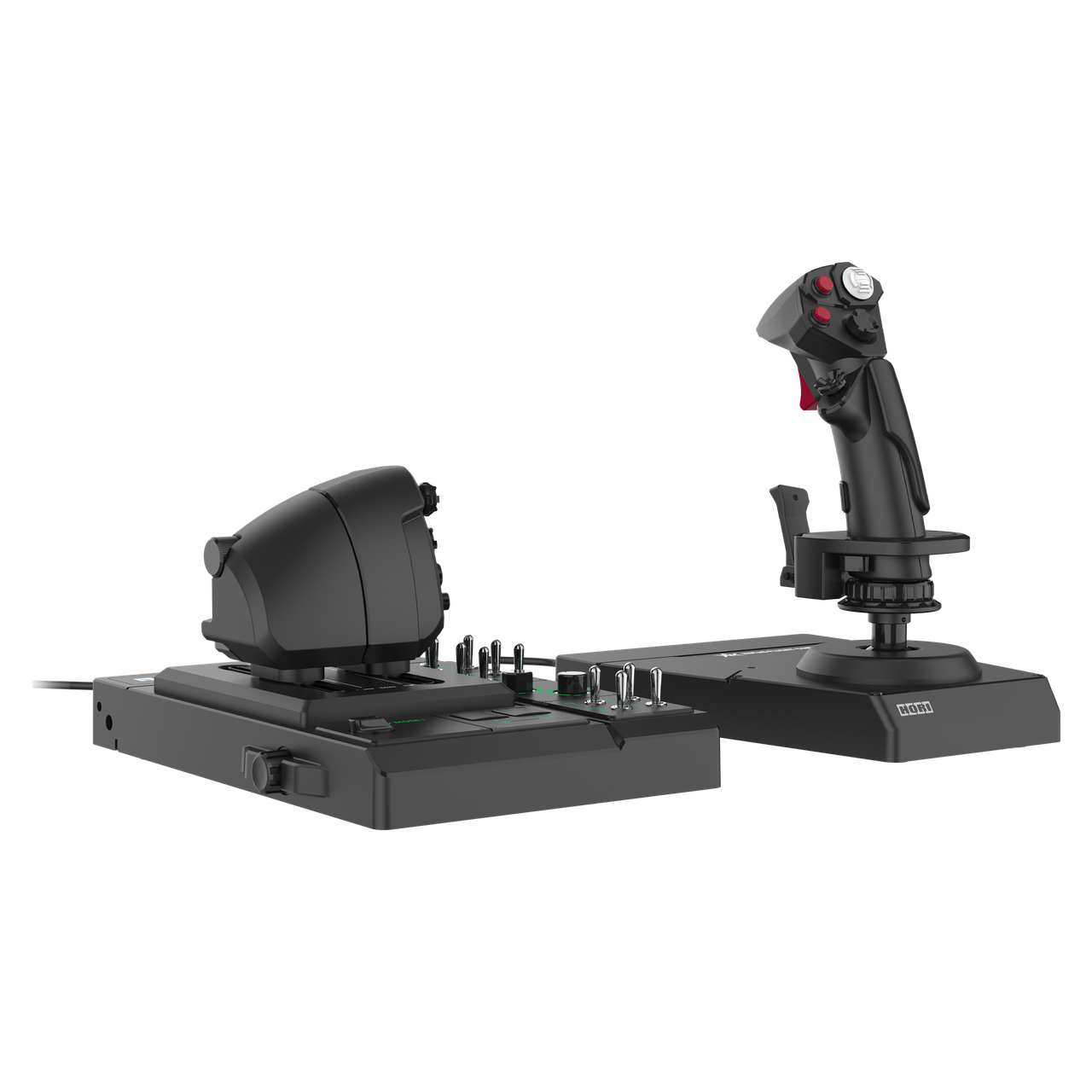 HORI HOTAS throttle unit and Hall effect flight stick side by side, front view