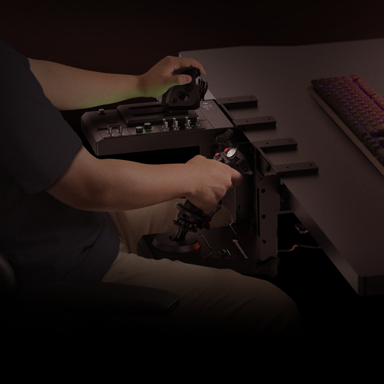 Pilot flying with the HORI HOTAS clamped below the desk edge