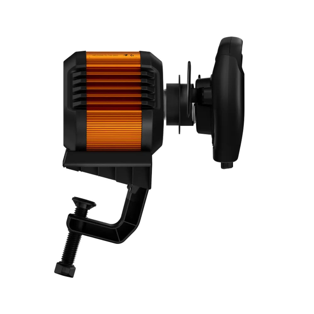 Logitech RS50 McLaren wheelbase side profile on table clamp