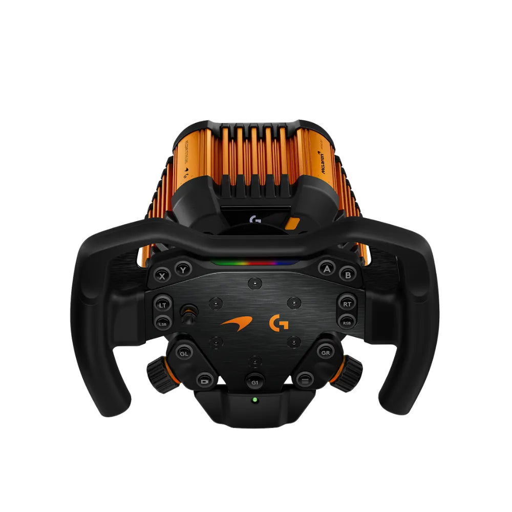 Logitech RS50 McLaren bundle wheel front on with papaya base behind