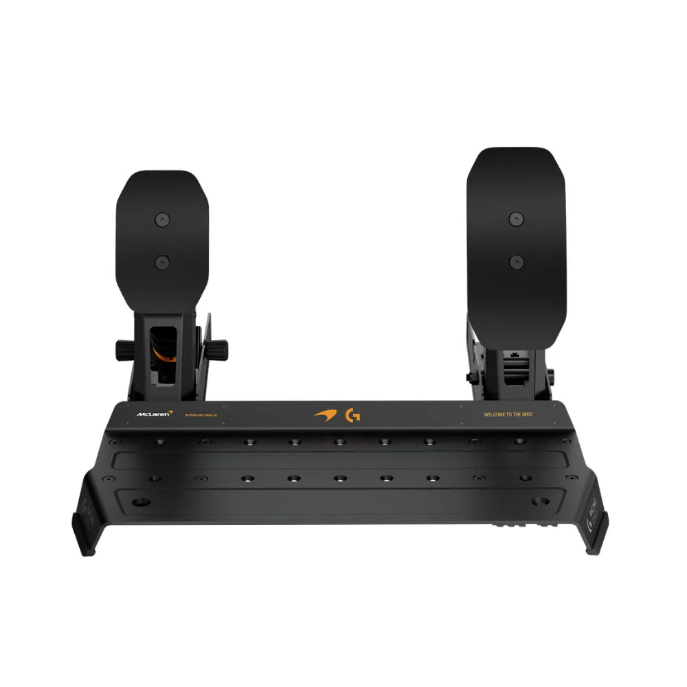 Logitech RS Pedals McLaren Racing Edition front view, throttle and brake