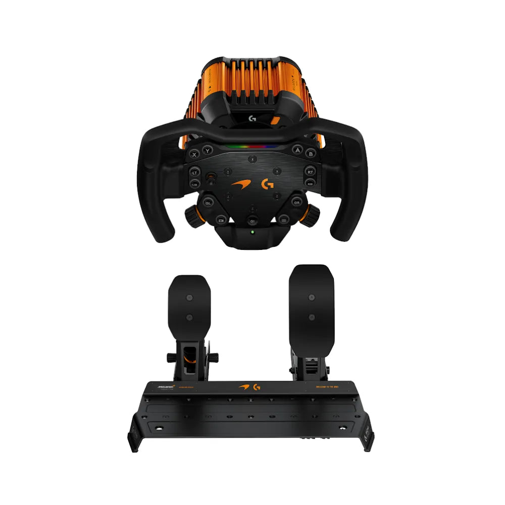 Logitech G RS50 McLaren Racing Bundle complete wheel, base and pedal set front view