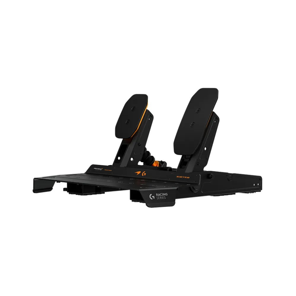 Logitech RS Pedals McLaren Racing Edition angled view with heel plate