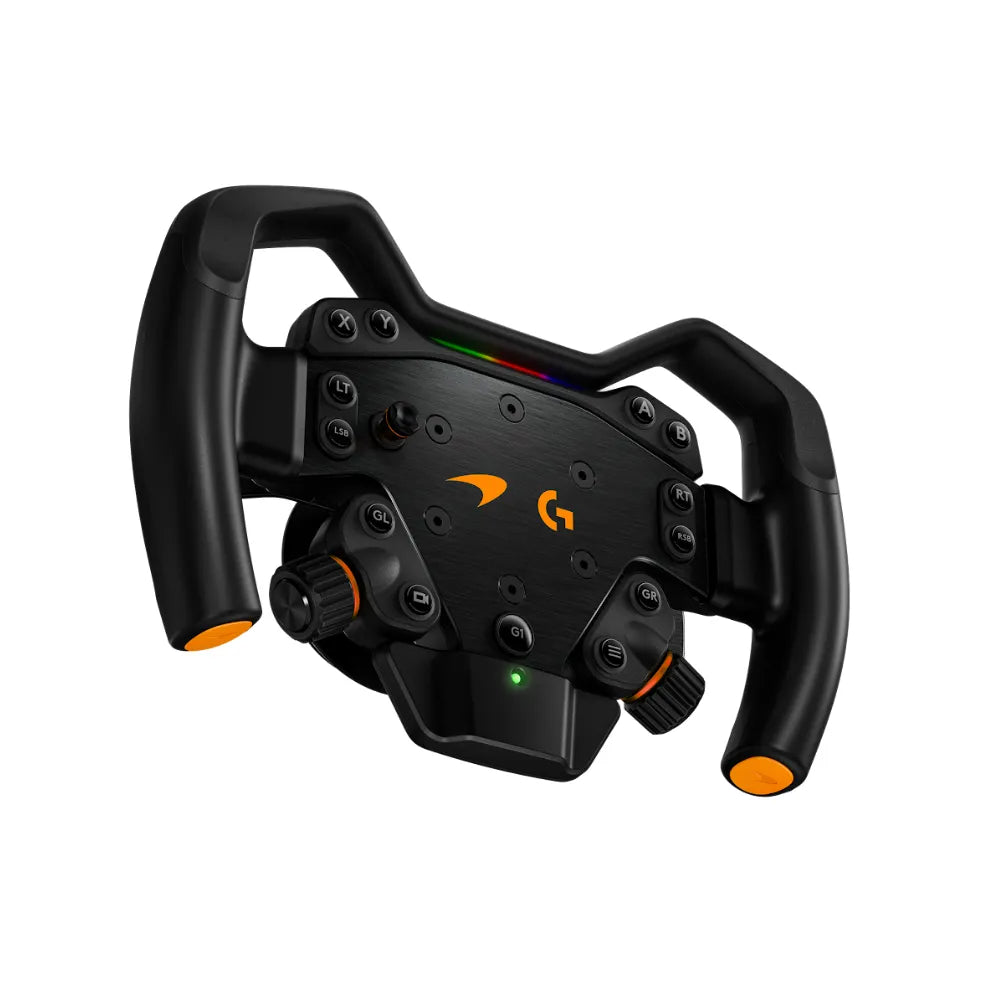 Logitech RS Formula Wheel McLaren Racing Edition angled view with paddle shifters