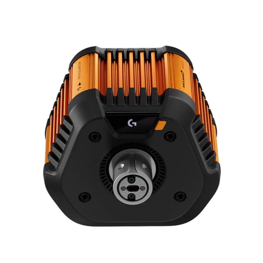 Logitech RS50 McLaren direct drive base front view in papaya finish