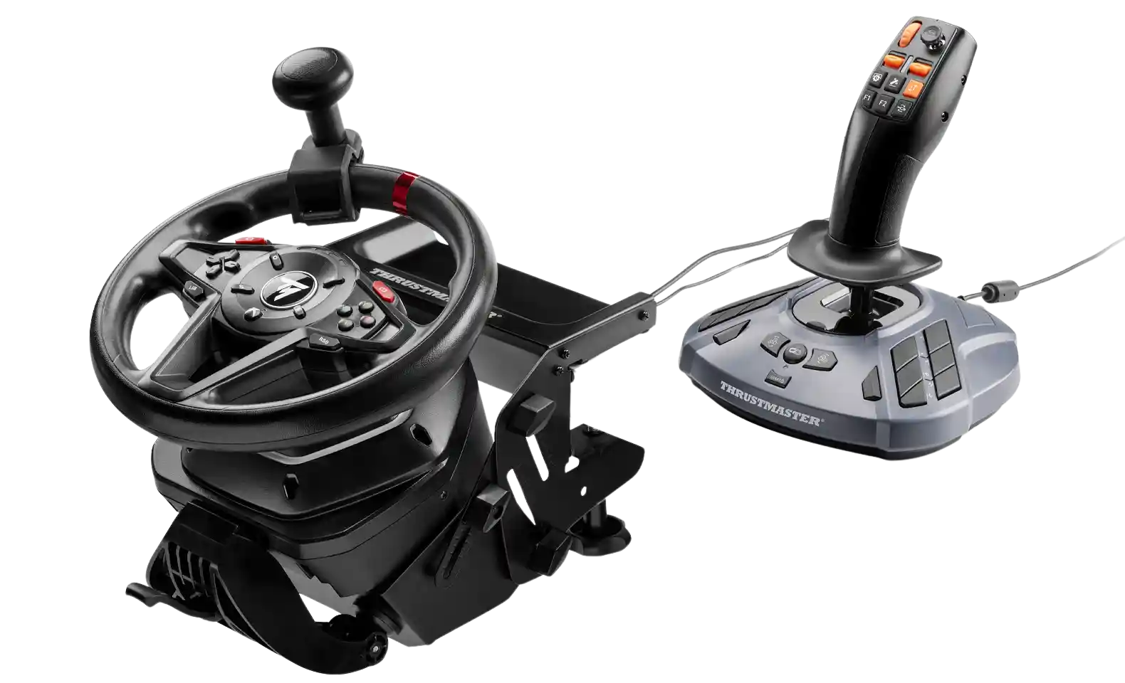 SimTask FarmStick set up beside a Thrustmaster wheel with SimTask Steering Kit