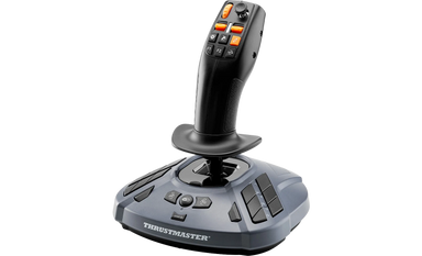 SimTask FarmStick at an angle showing the stick and button base