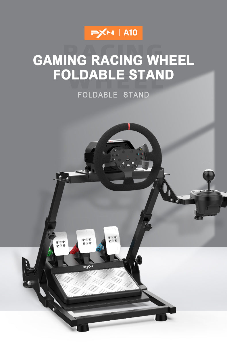 PXN A10 foldable racing wheel stand set up with a racing wheel, pedals and shifter