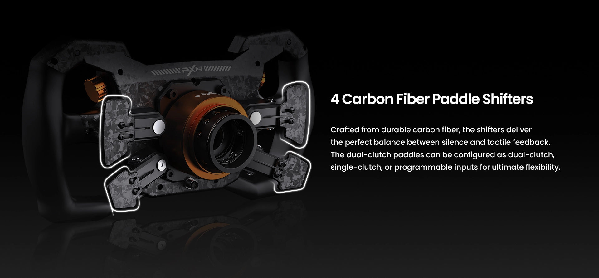 PXN GT ONE four carbon fibre paddles highlighted, shift and clutch