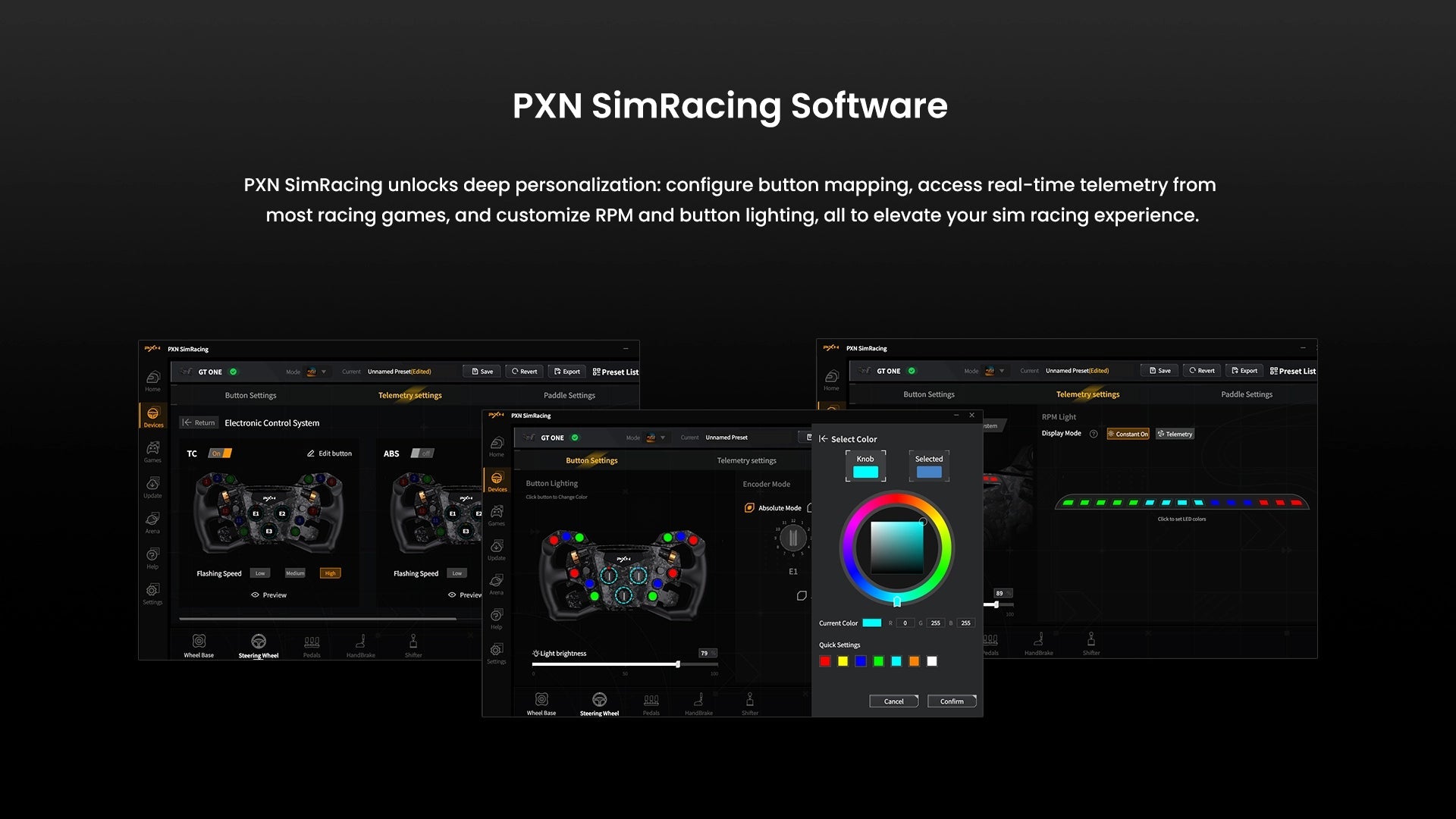 PXN SimRacing software screens for configuring the GT ONE lighting and inputs