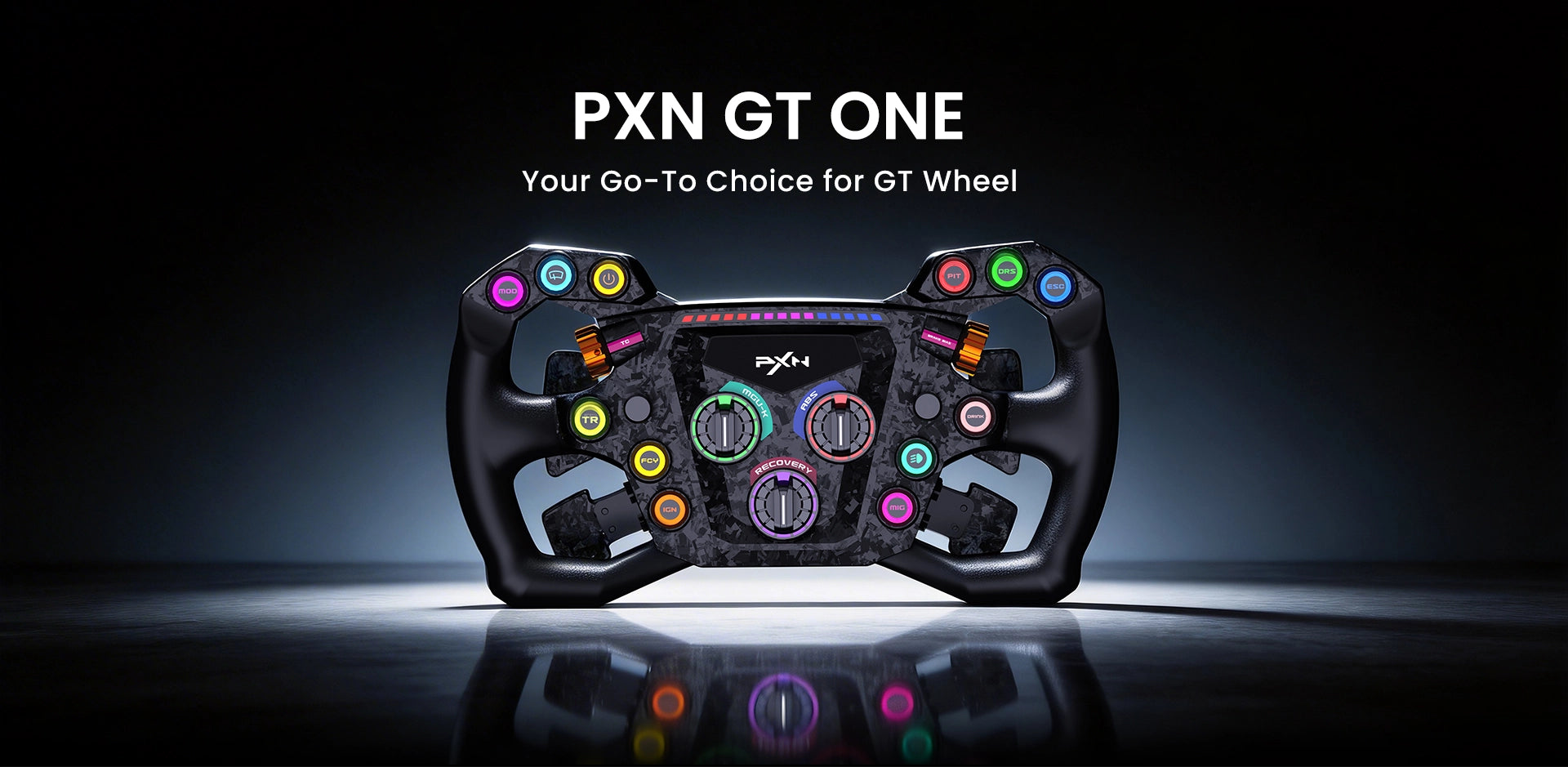 PXN GT ONE GT steering wheel hero image with RGB lighting