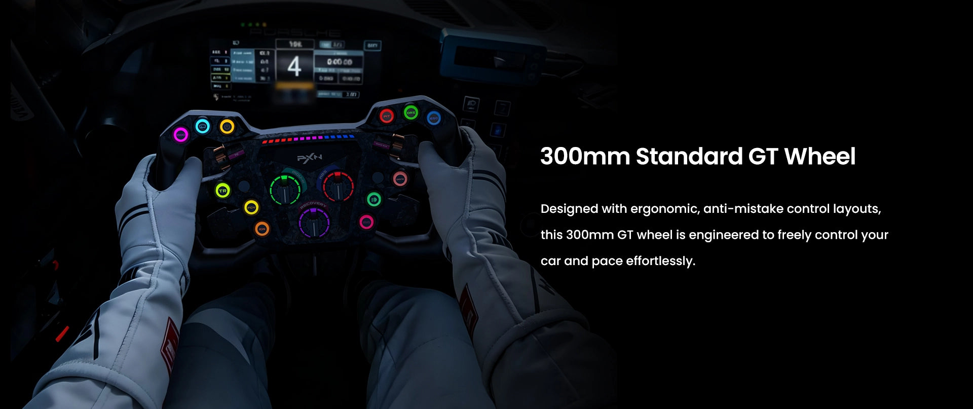 Driver gripping the 300mm PXN GT ONE wheel on a sim racing rig