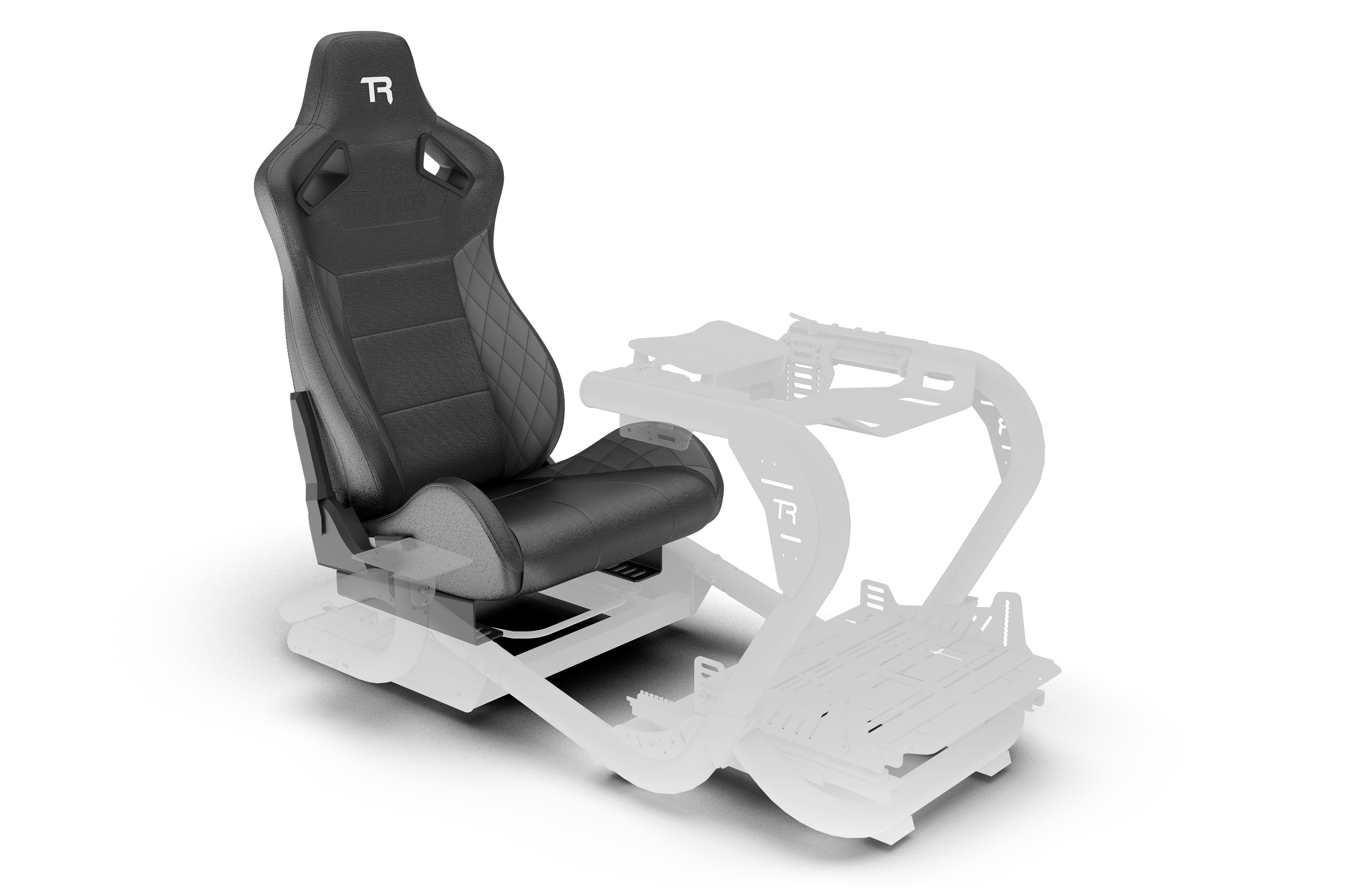 Trak Racer RE2 Reclining Sim Racing Seat (White Diamond Stitch), fitted to a Trak Racer cockpit