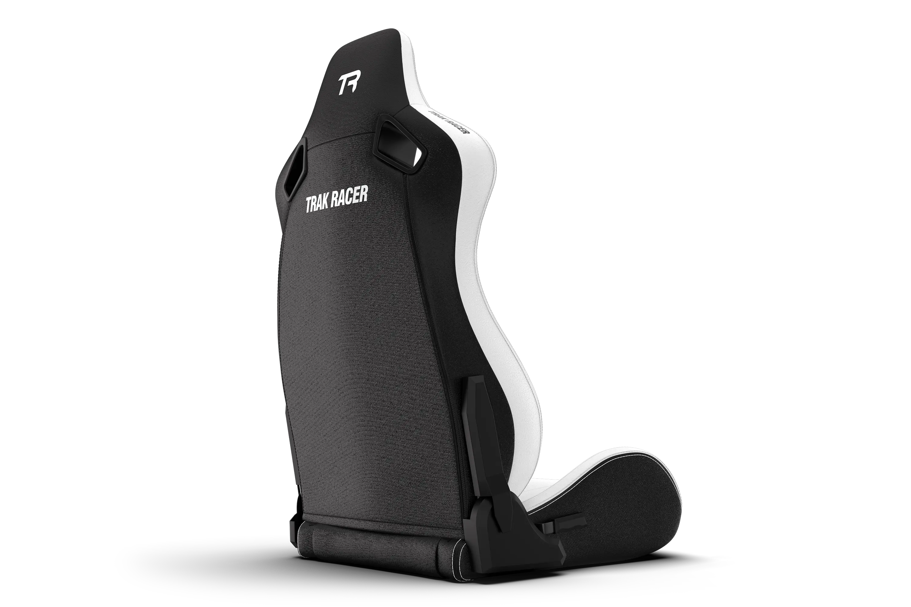 Trak Racer RE2 Reclining Sim Racing Seat (White Diamond Stitch), rear three-quarter view from the right