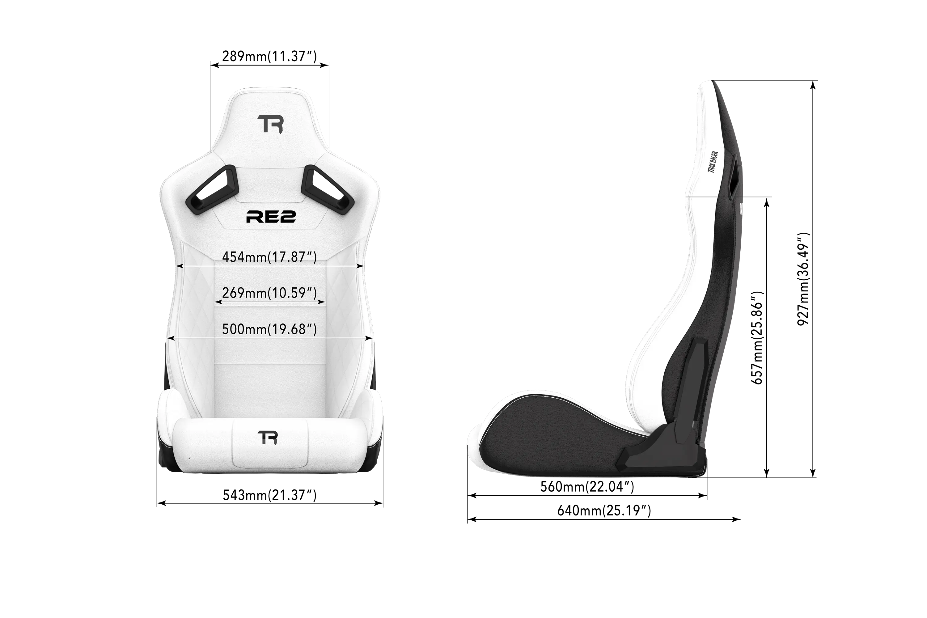 Trak Racer RE2 Reclining Sim Racing Seat (White Diamond Stitch), dimensioned drawing with measurements 2