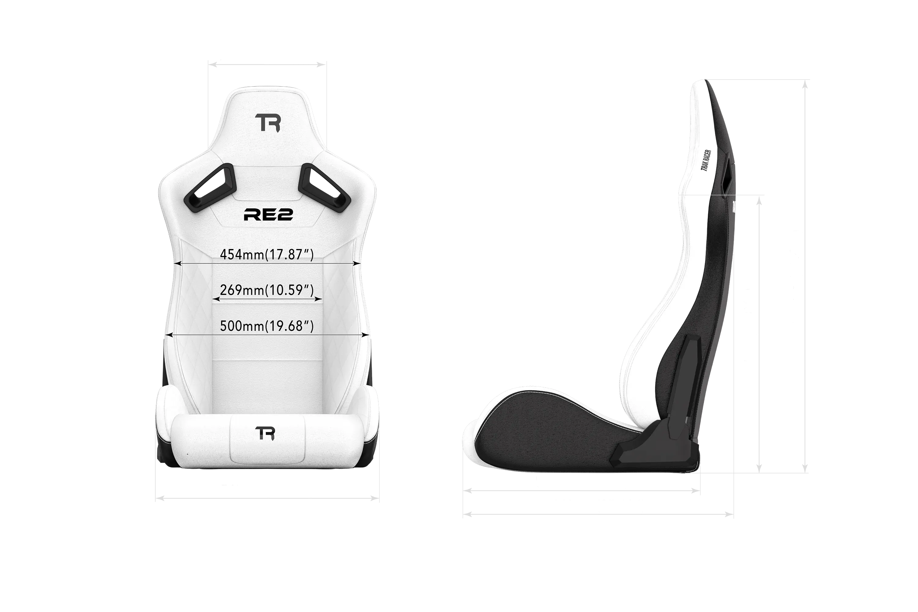 Trak Racer RE2 Reclining Sim Racing Seat (White Diamond Stitch), dimensioned drawing with measurements