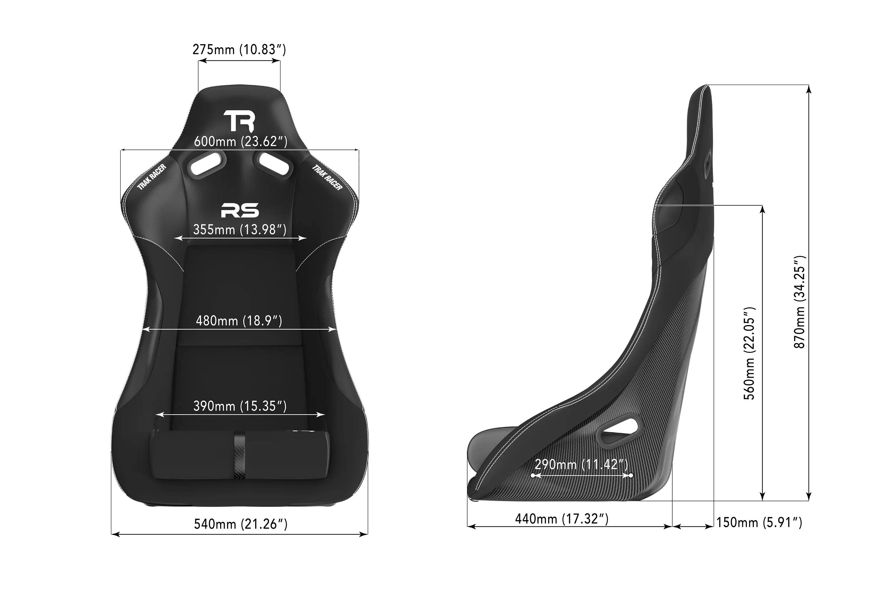 Trak Racer RS GT Rally Carbon Fibre Look Racing Seat, dimensioned drawing with measurements