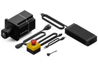 Simucube 2 Pro package contents laid out, including the wheelbase and supplied hardware