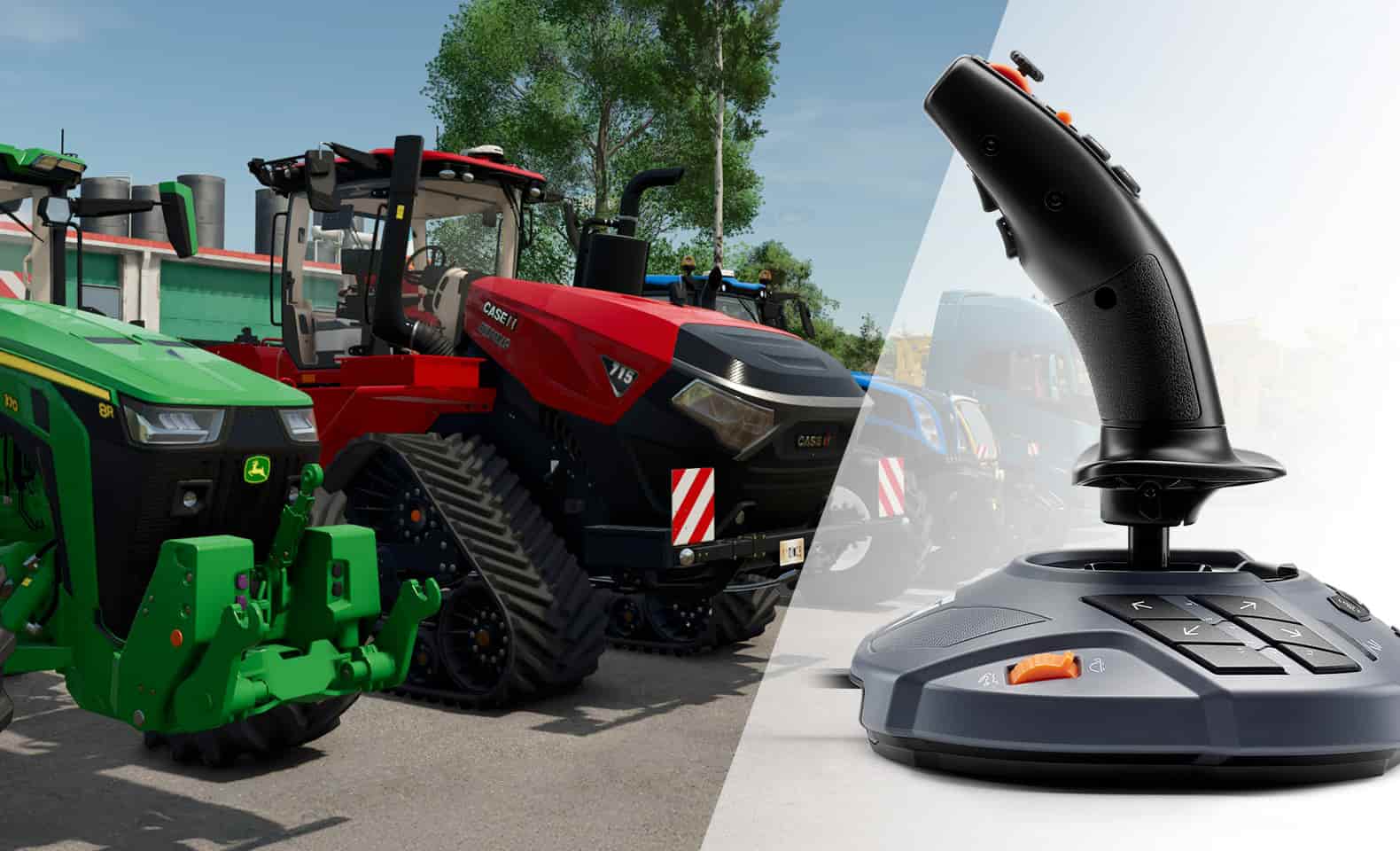 SimTask FarmStick ergonomic design with a tractor