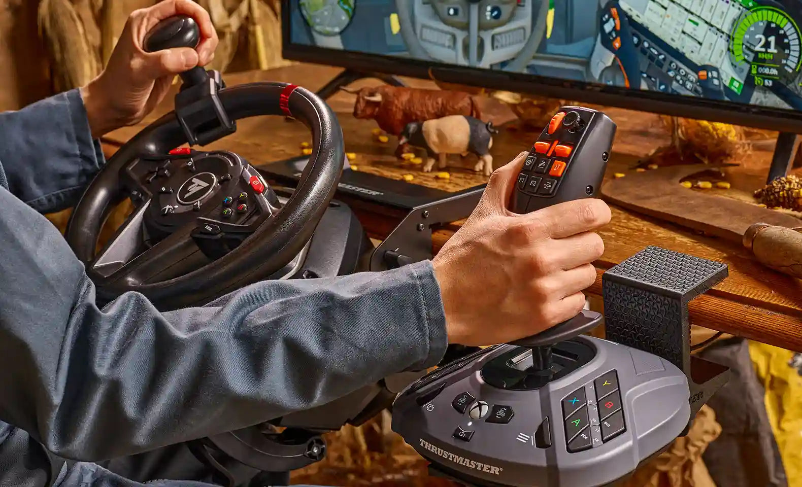 Driver using the SimTask FarmStick with a wheel