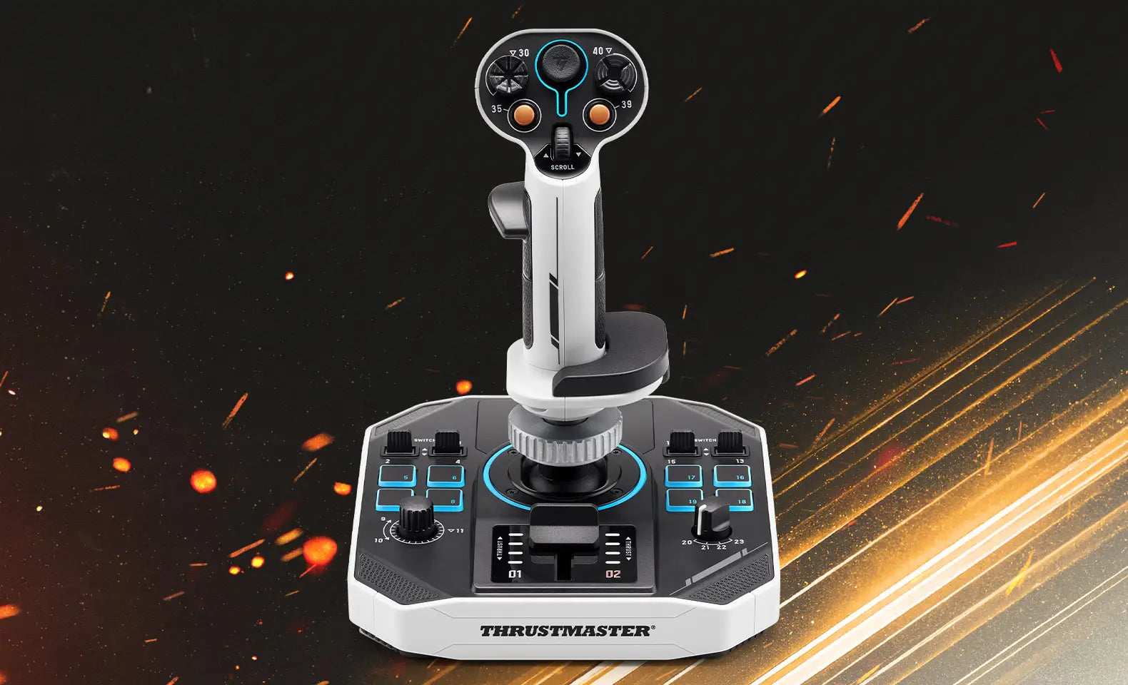 Sol-R 1 Flightstick with backlit base on a space-themed background