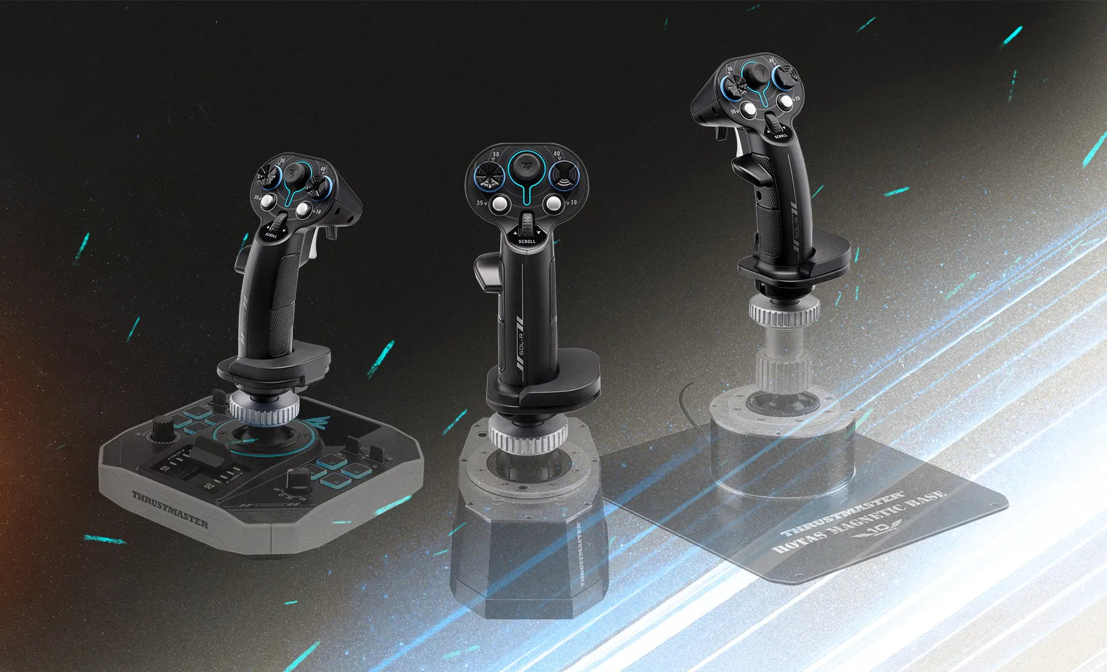 Sol-R 3 grip on three compatible Thrustmaster bases